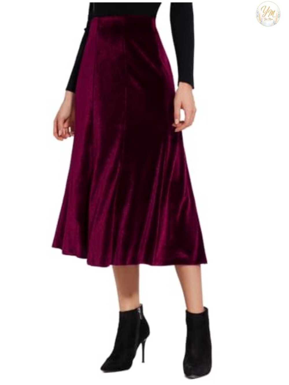 Women's Velvet Midi Skirt 8-Panel Flowy High Rise Pull-On